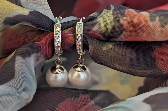 Silver Shining Pearl Drop Earrings with small zircons