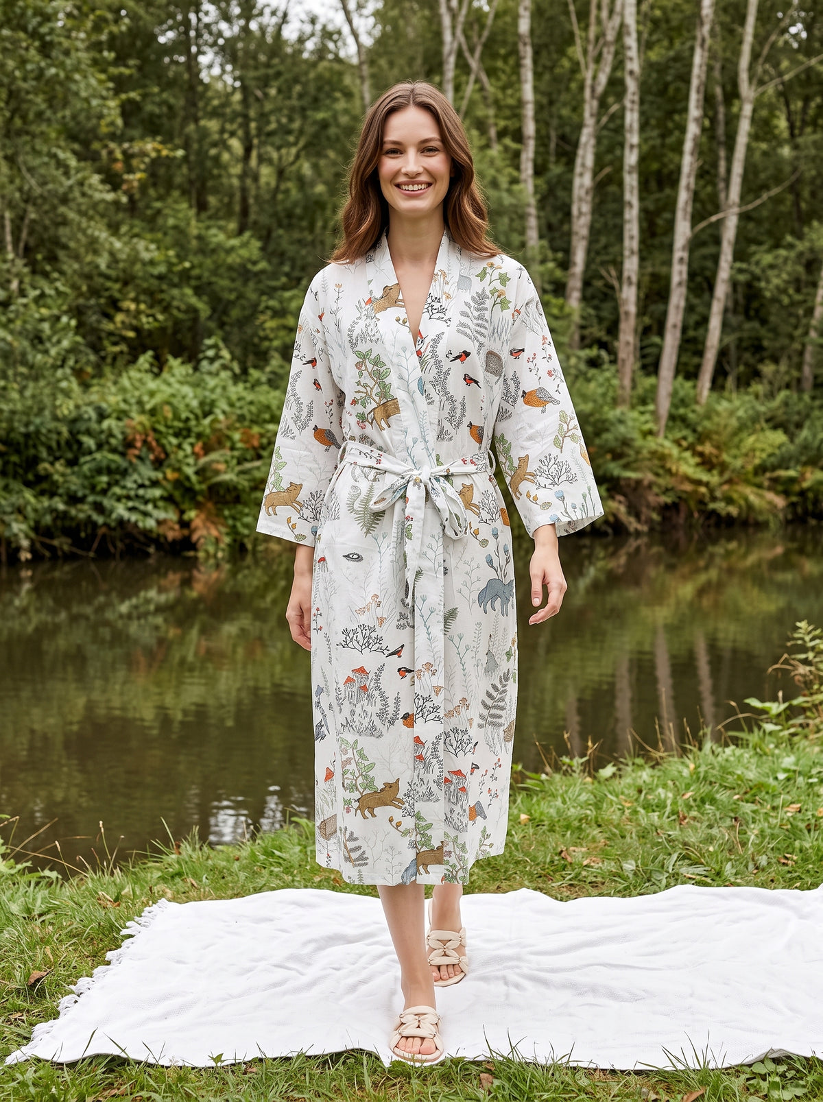 White V-Neck Floral Print Knee-Length Cotton Bathrobe For Women