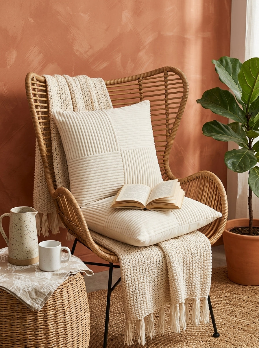 White Velvet Square Textured Striped Cushion Cover