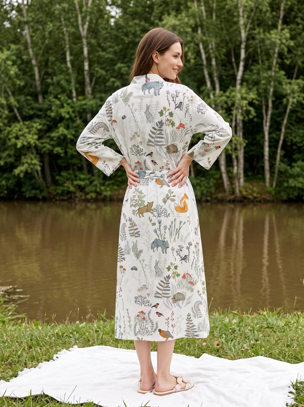 White V-Neck Floral Print Knee-Length Cotton Bathrobe For Women