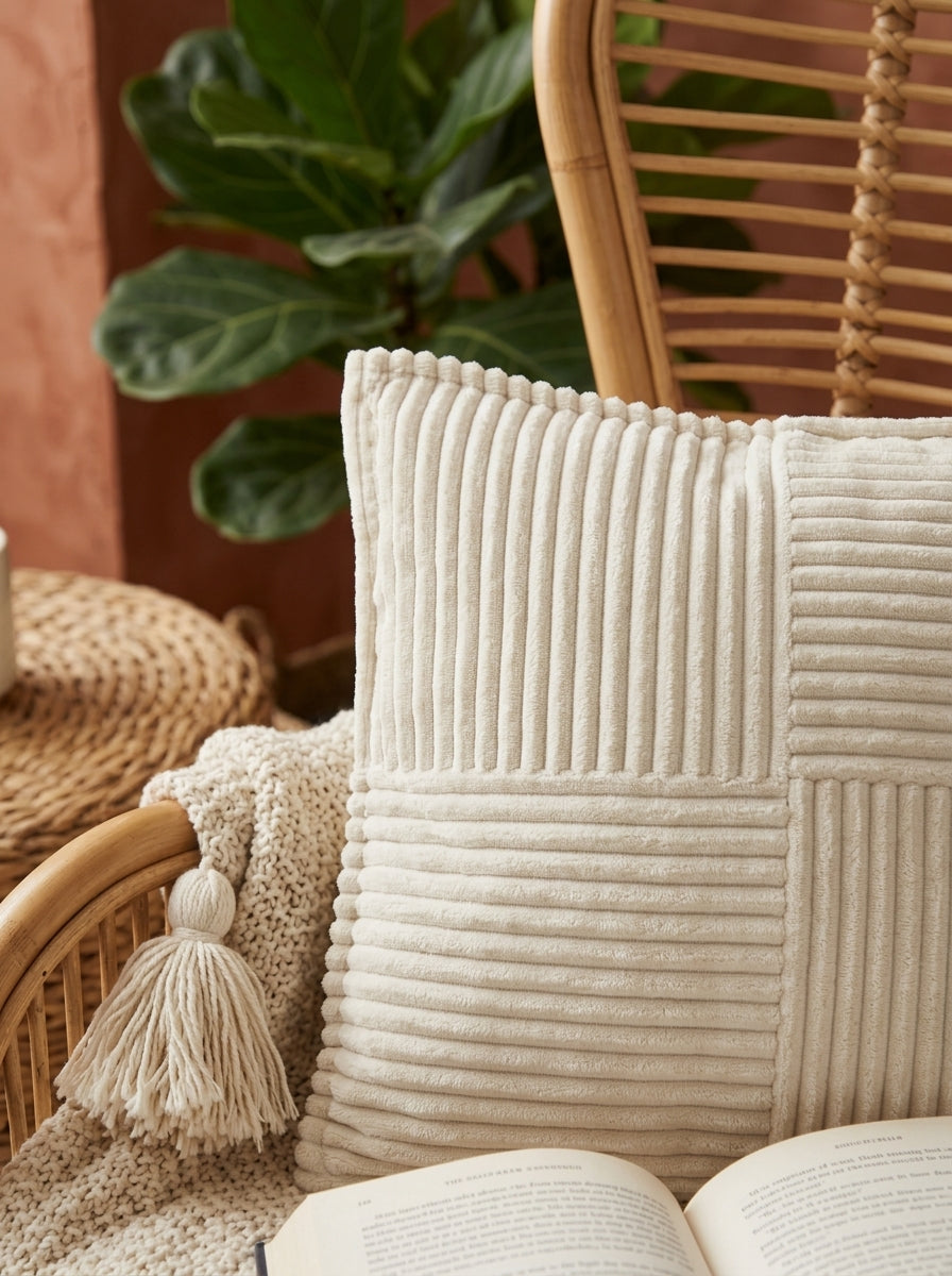 White Velvet Square Textured Striped Cushion Cover