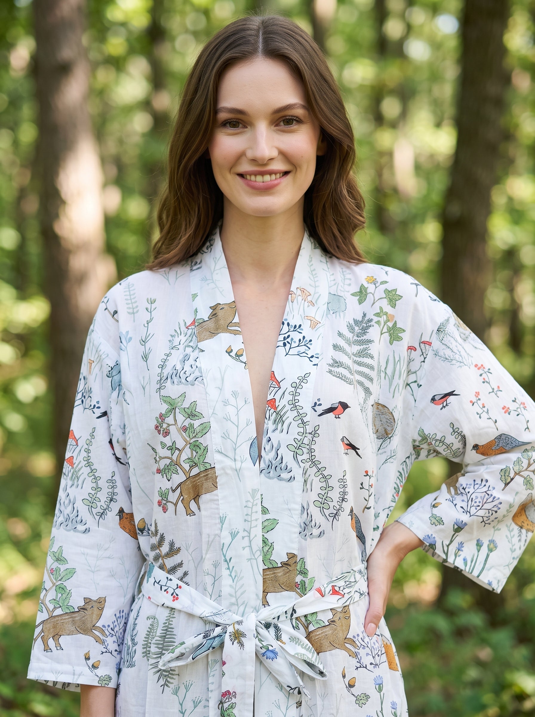 White V-Neck Floral Print Knee-Length Cotton Bathrobe For Women