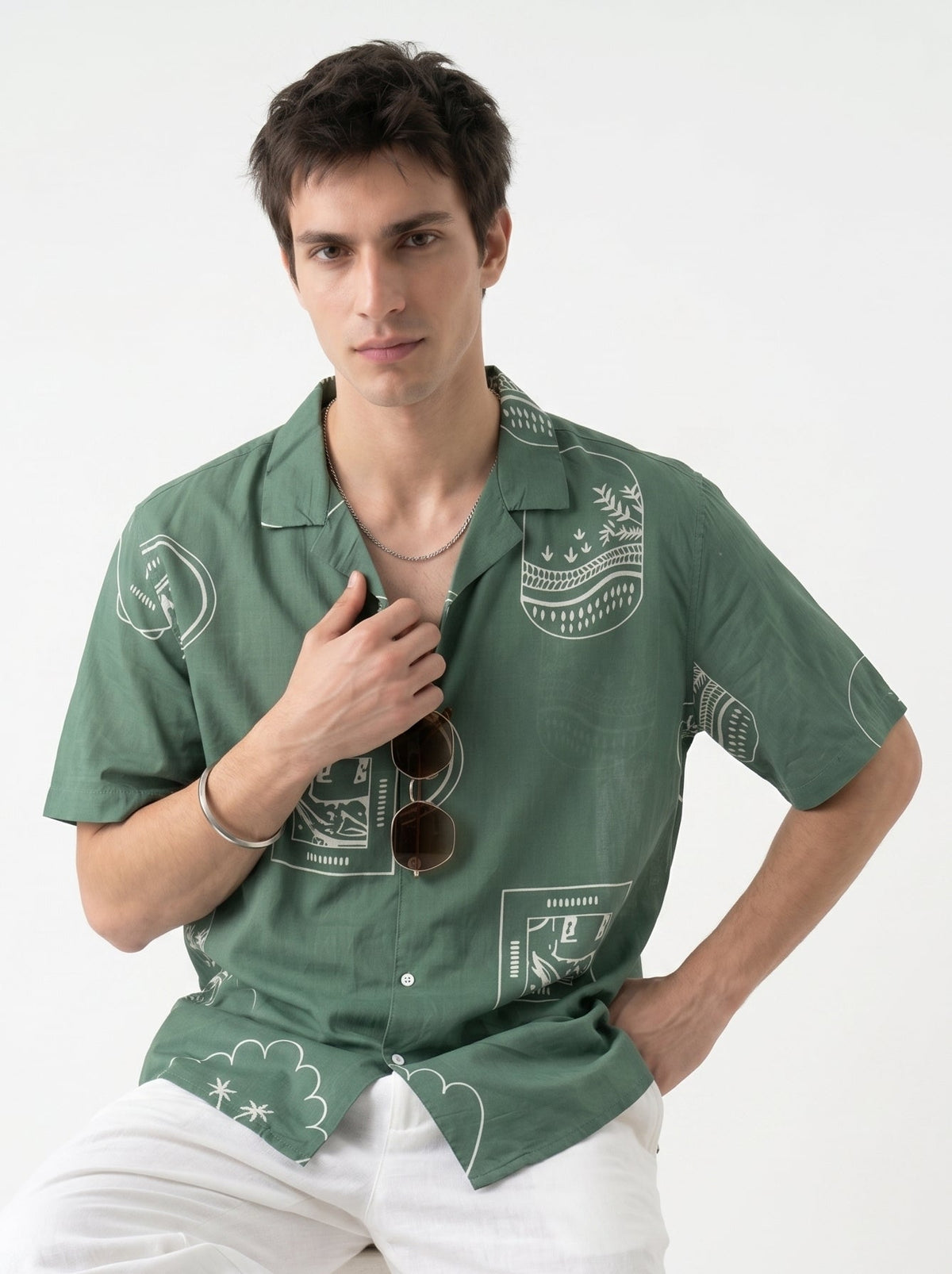 Sea Green Abstract Print Cotton Cuban Collar Oversized Shirt For Men