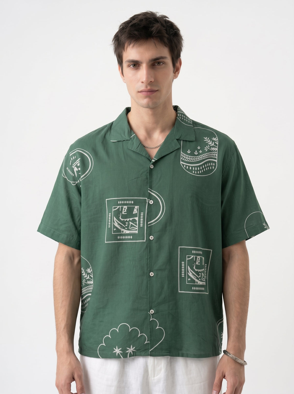 Sea Green Abstract Print Cotton Cuban Collar Oversized Shirt For Men