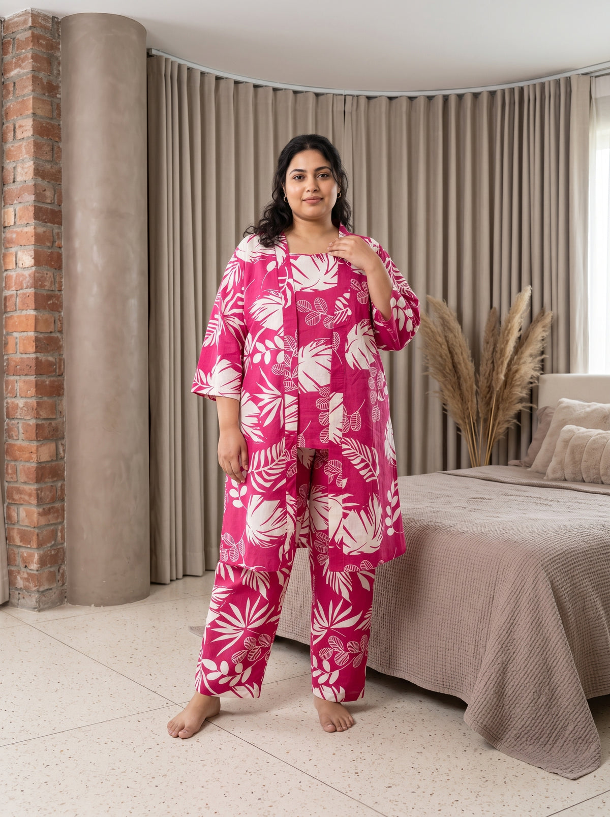 Pink Tropical Leaf Open Front Cotton 3-Piece Plus Size Night Suit For Women