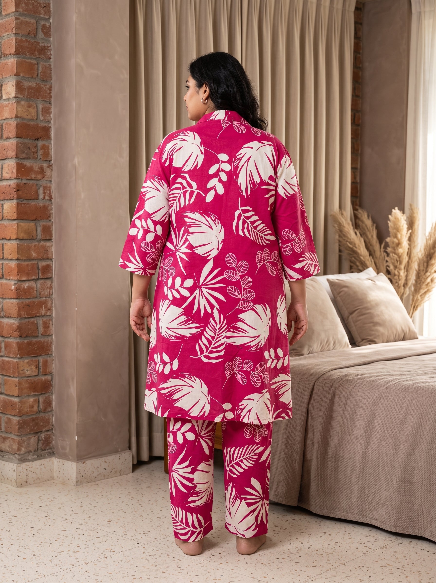Pink Tropical Leaf Open Front Cotton 3-Piece Plus Size Night Suit For Women