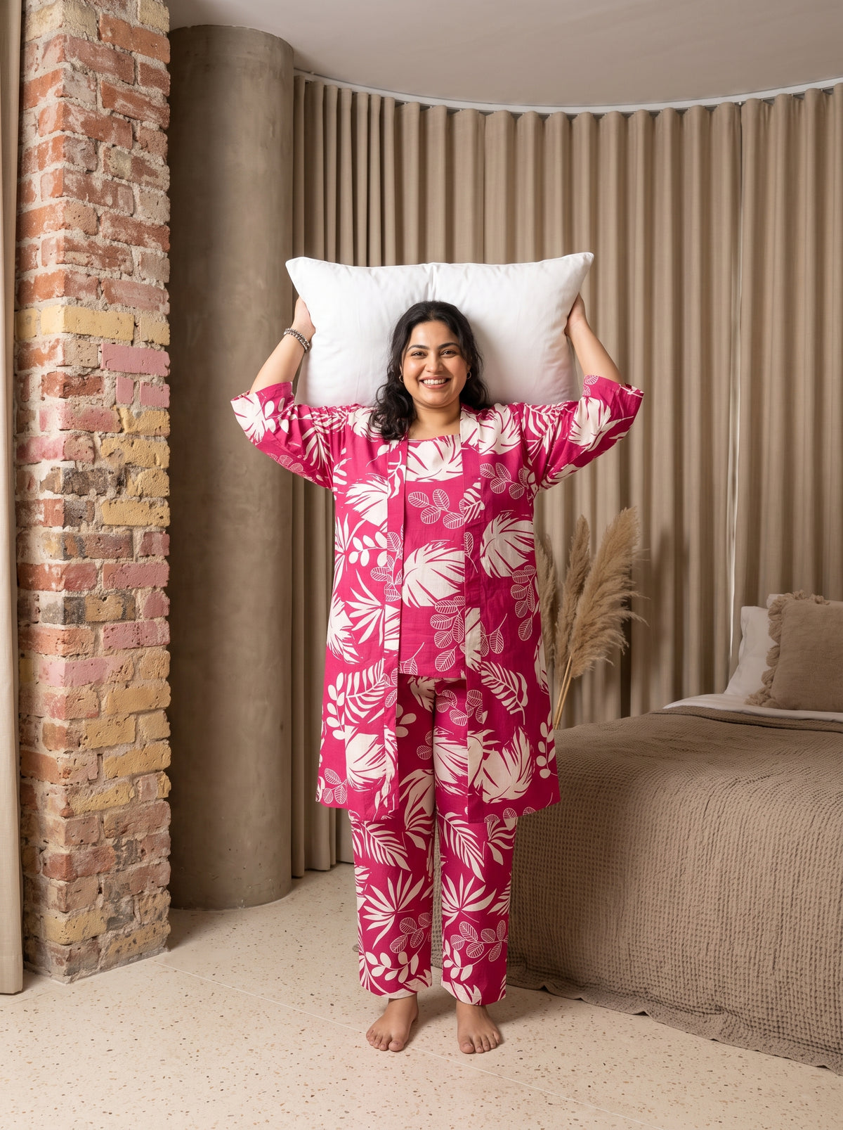 Pink Tropical Leaf Open Front Cotton 3-Piece Plus Size Night Suit For Women