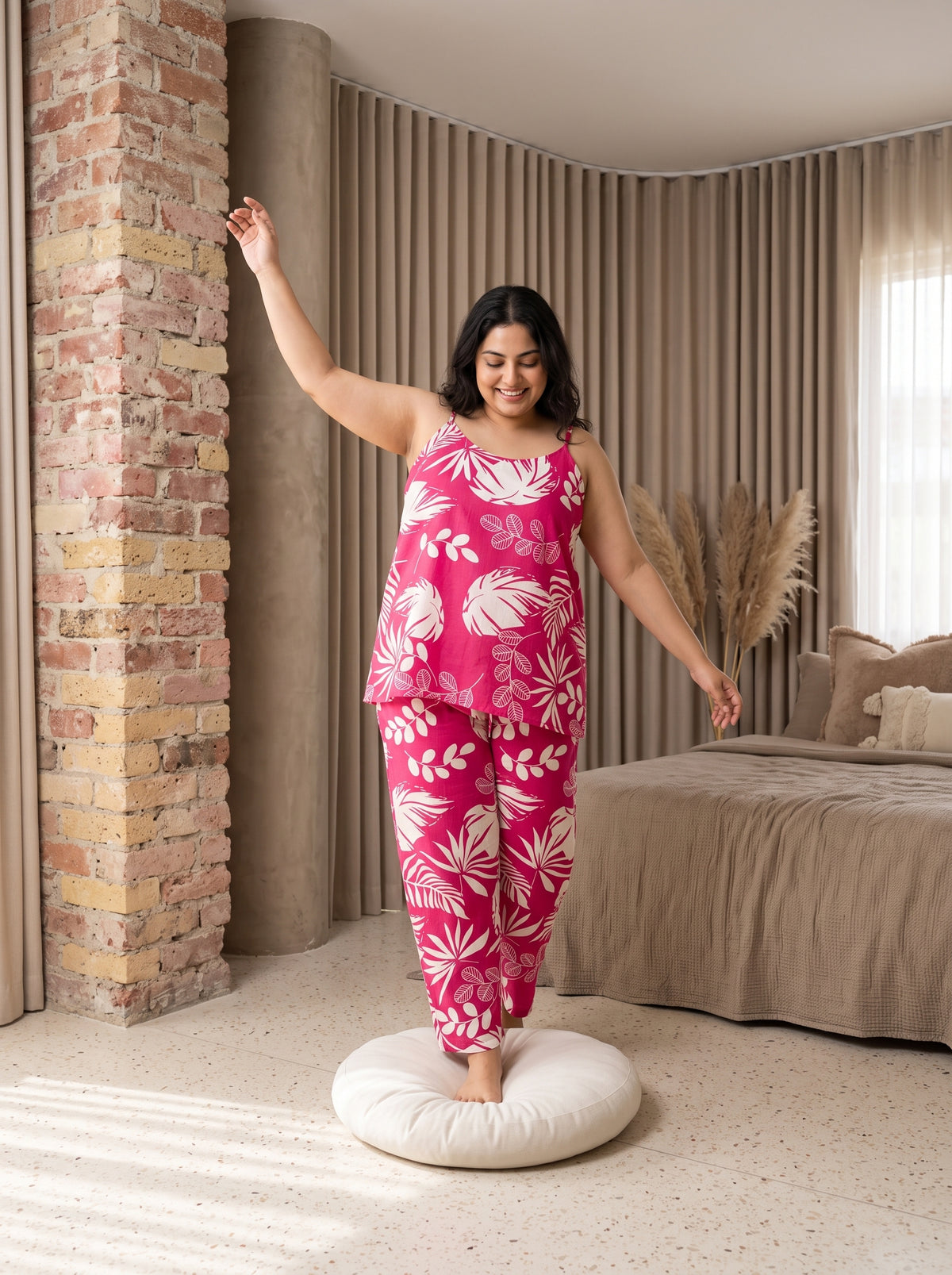 Pink Tropical Leaf Open Front Cotton 3-Piece Plus Size Night Suit For Women