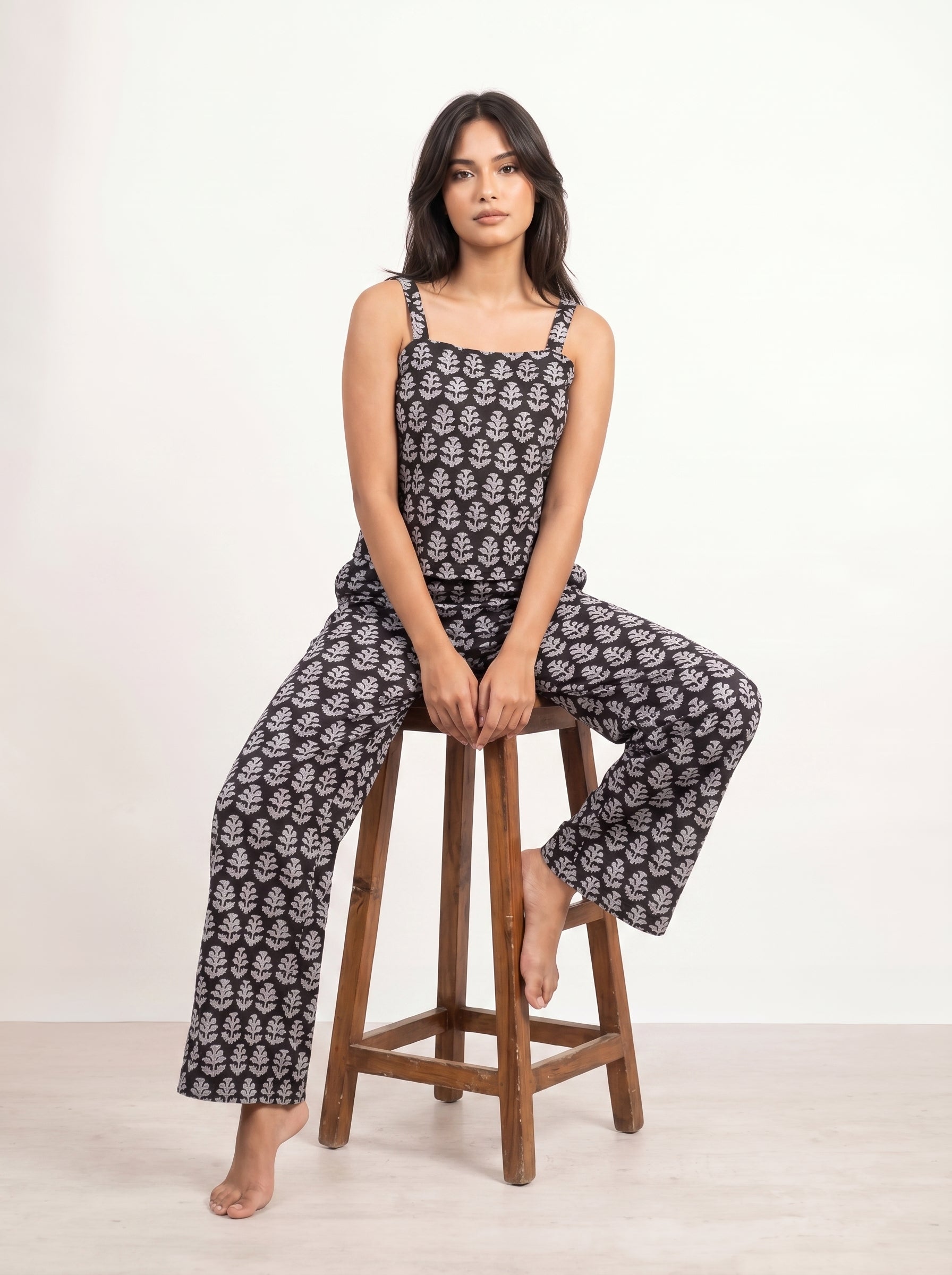 Black Square Neck Floral Print Pure Cotton Night Suit For Women