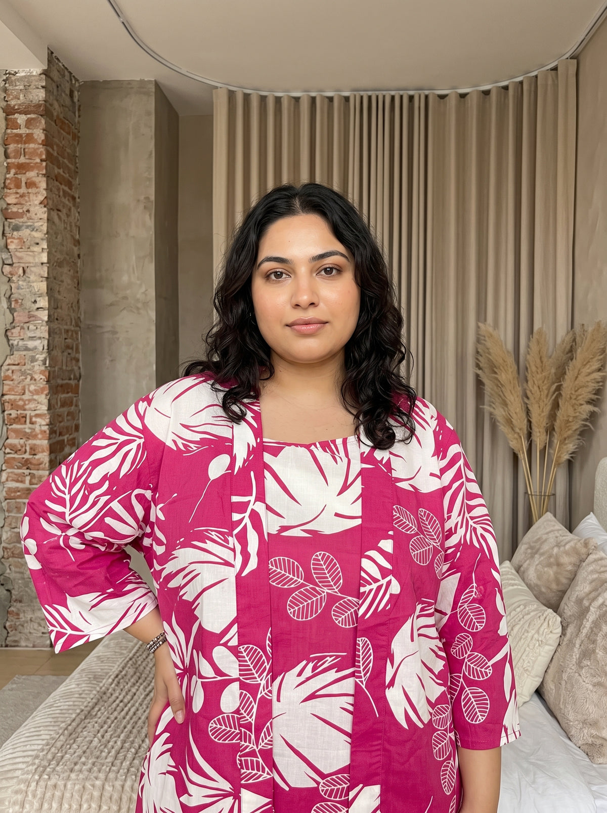 Pink Tropical Leaf Open Front Cotton 3-Piece Plus Size Night Suit For Women