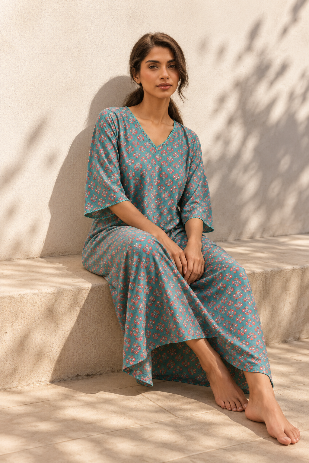 Teal V-Neck Ethnic Motifs Print Pure Cotton Nighty For Women