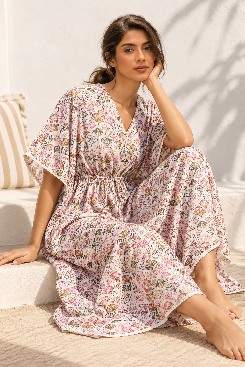 Off White V-Neck Maxi Pure Cotton Ethnic Motifs Nighty For Women