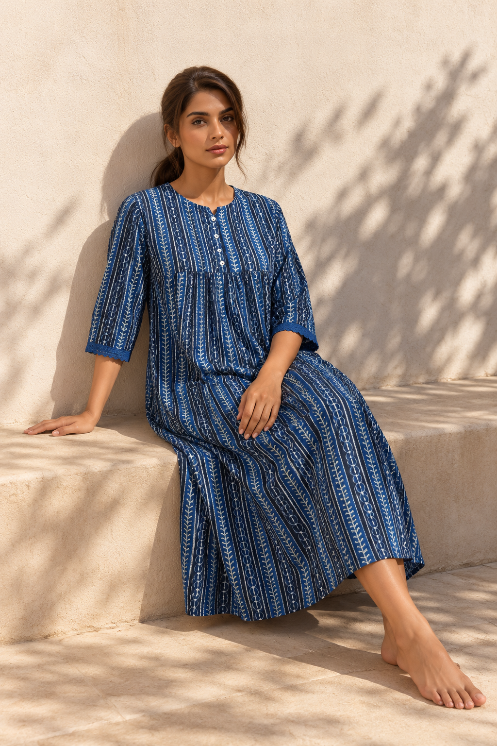 Navy Blue Round Neck Pure Cotton Striped Nighty For Women