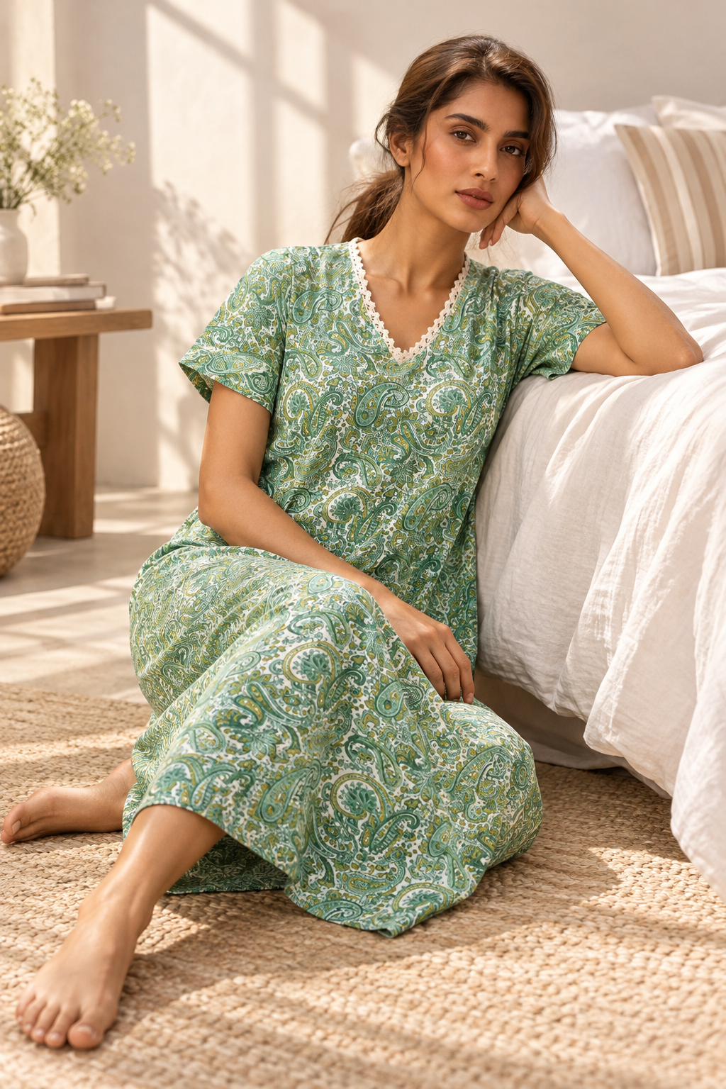 Blue V-Neck Paisley Maxi Length Pure Cotton Nighty For Women