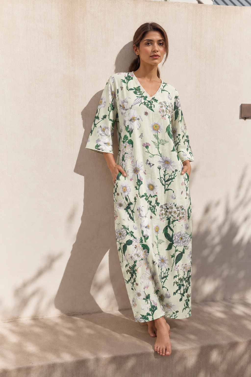 White Floral Print V-Neck Maxi Pure Cotton Nighty For Women