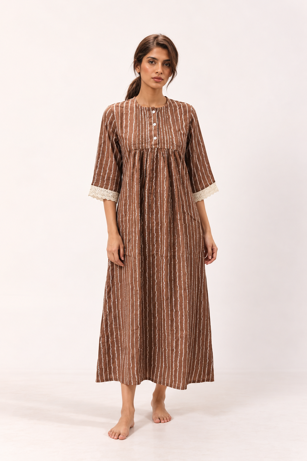Brown Round Neck Stripes Print Pure Cotton Nighty For Women