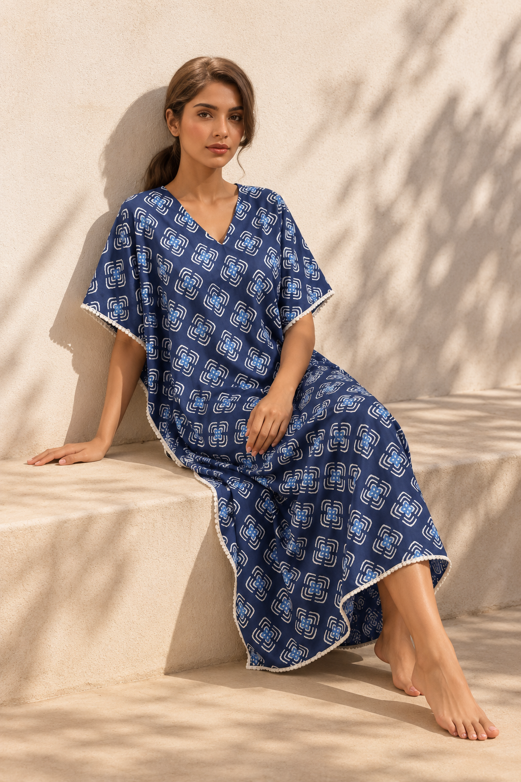 Navy Blue V-Neck Geometric Maxi Pure Cotton Nighty For Women
