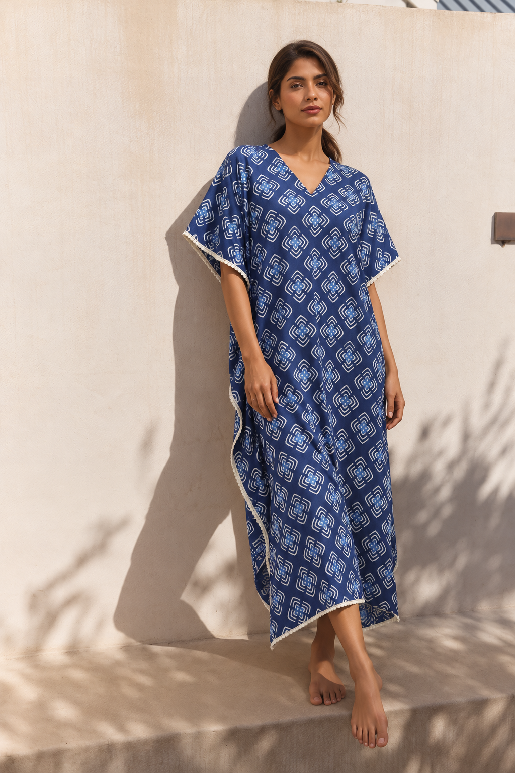 Navy Blue V-Neck Geometric Maxi Pure Cotton Nighty For Women