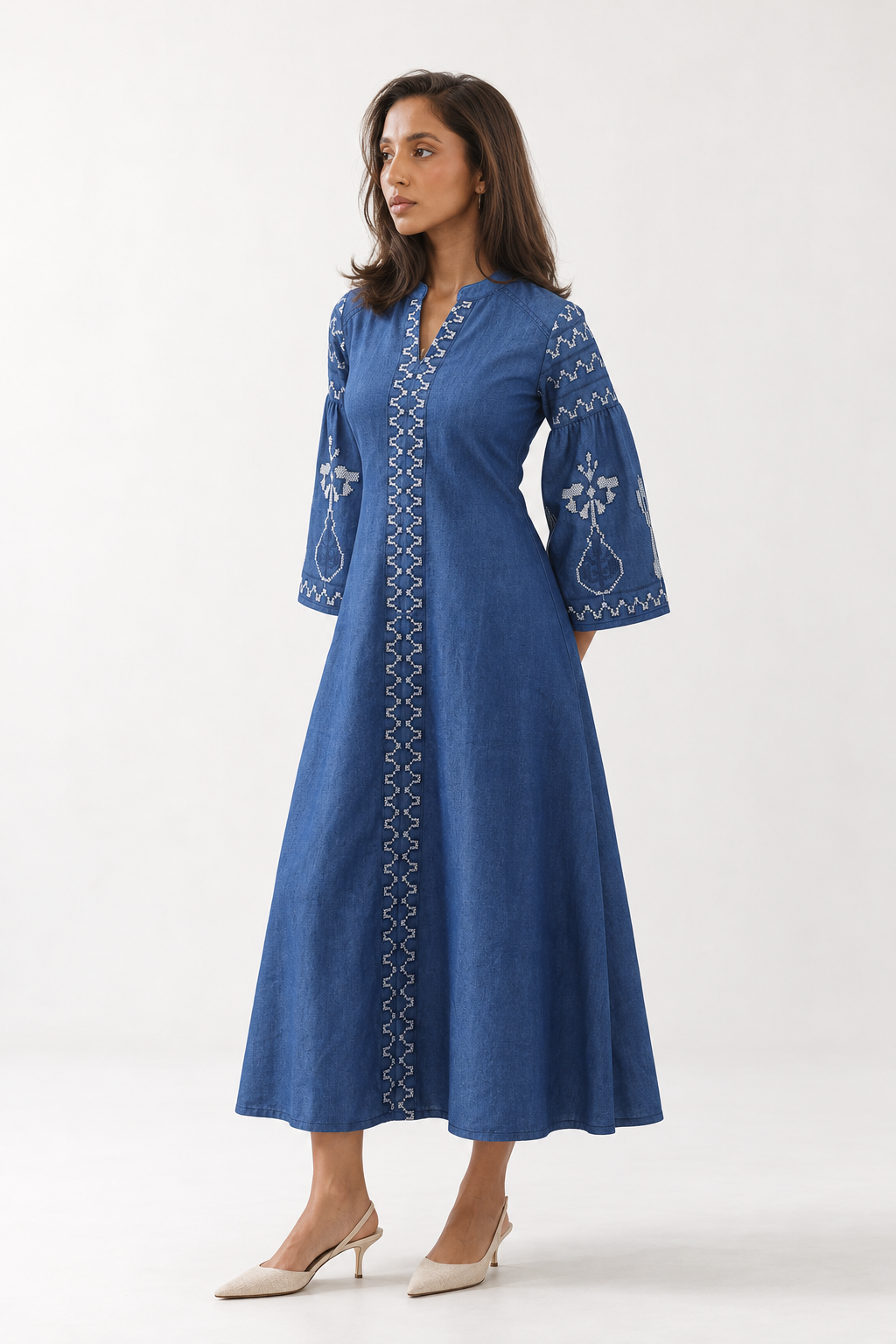 Blue Ethnic Embroidered Split V-Neck Shift Dress For Women