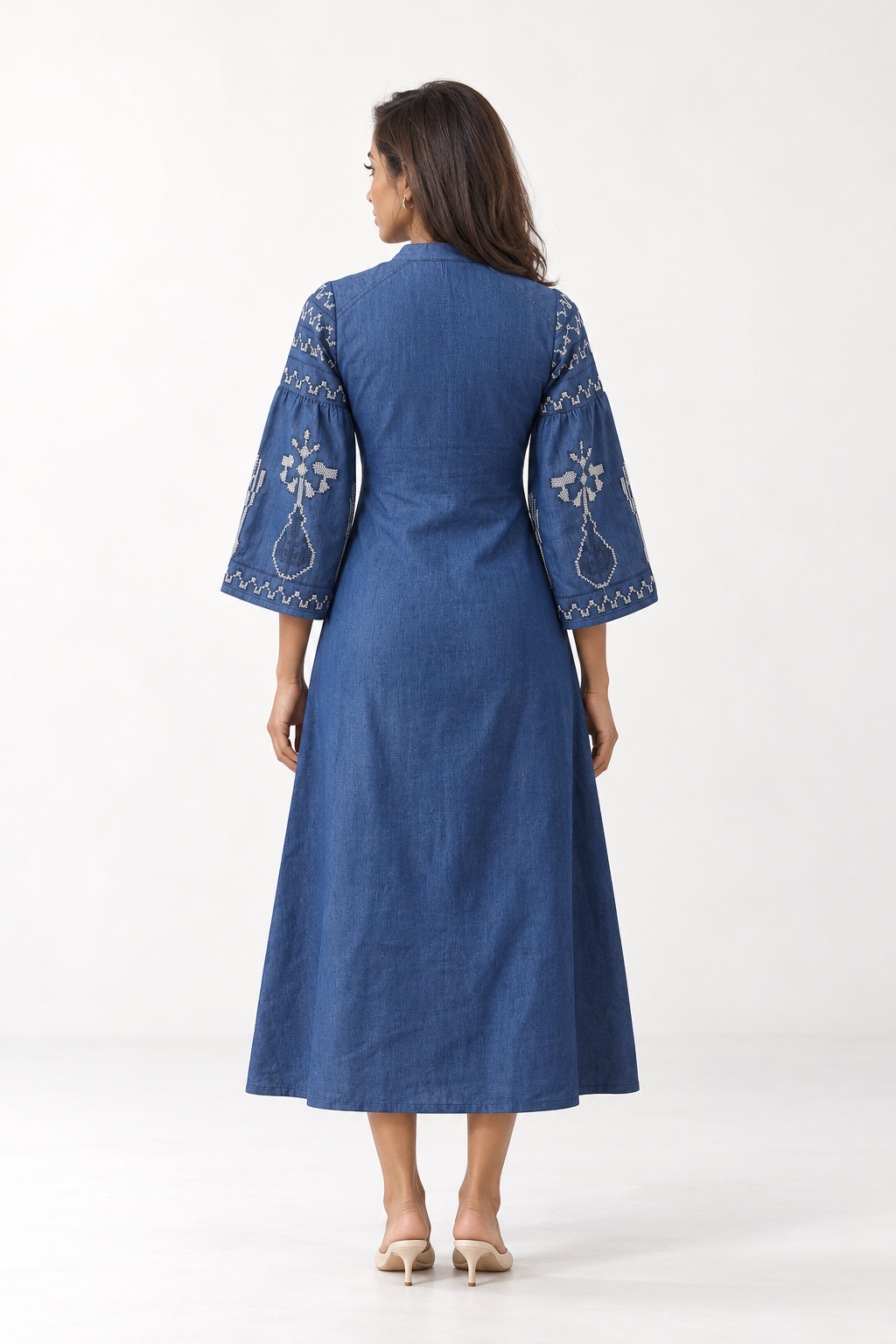 Blue Ethnic Embroidered Split V-Neck Shift Dress For Women