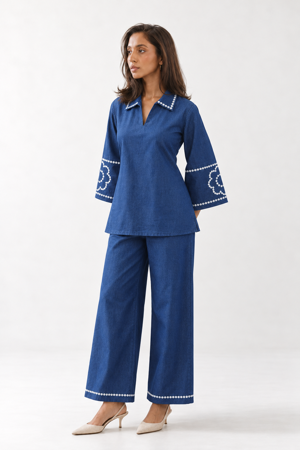 Navy Blue Embroidered Collar & Hem Tunic Trouser Co-Ord Set For Women
