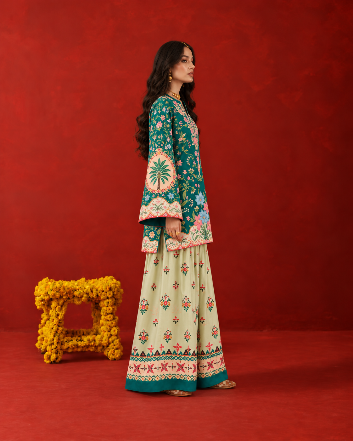 Emerald Green Floral Oasis V-Neck Farshi Salwar Suit Co-ord Set For Women