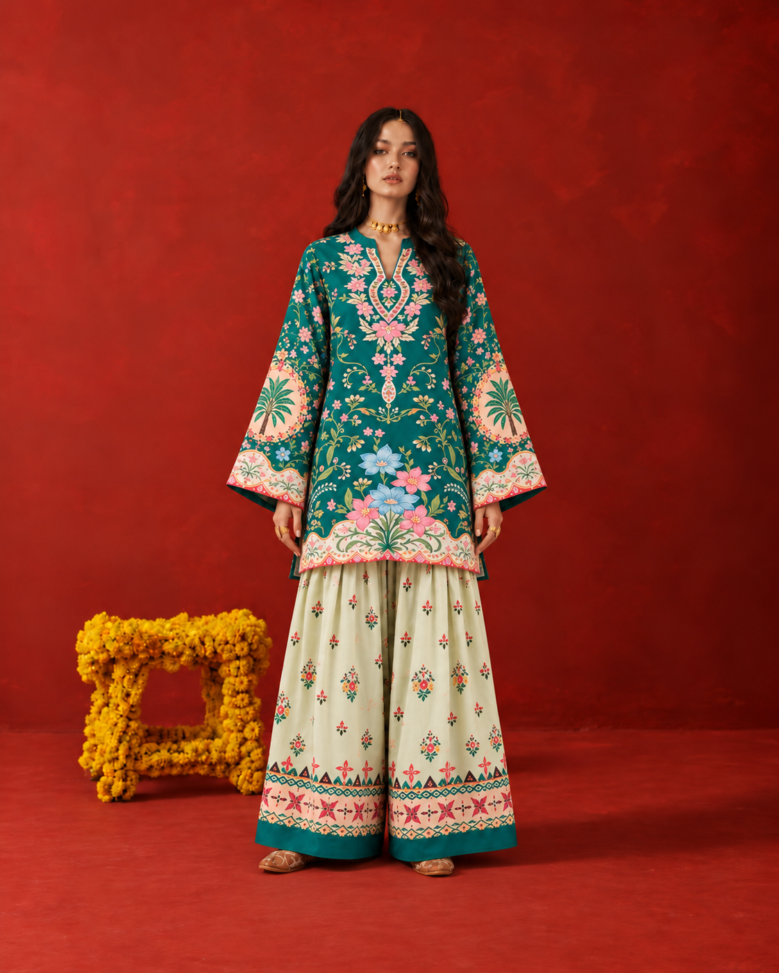 Emerald Green Floral Oasis V-Neck Farshi Salwar Suit Co-ord Set For Women