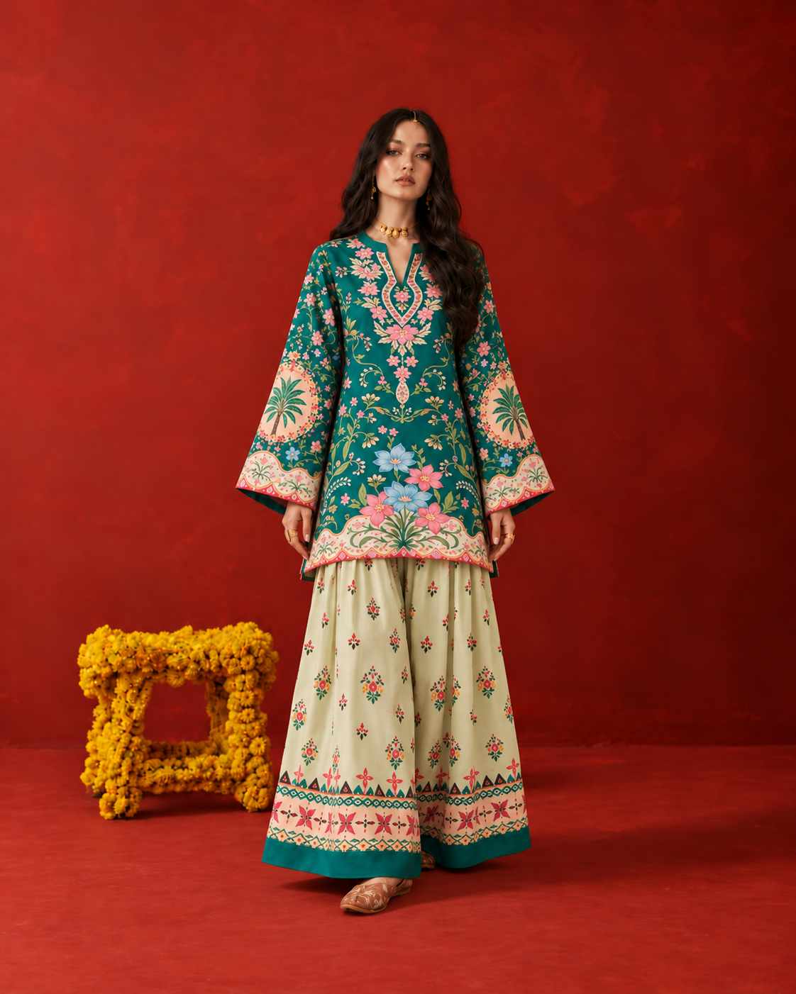 Emerald Green Floral Oasis V-Neck Farshi Salwar Suit Co-ord Set For Women