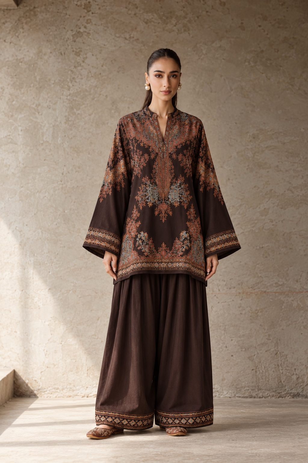 Brown Mandarin Neck Paisley Print Tunic & Farshi Salwar Co-Ord Set For Women