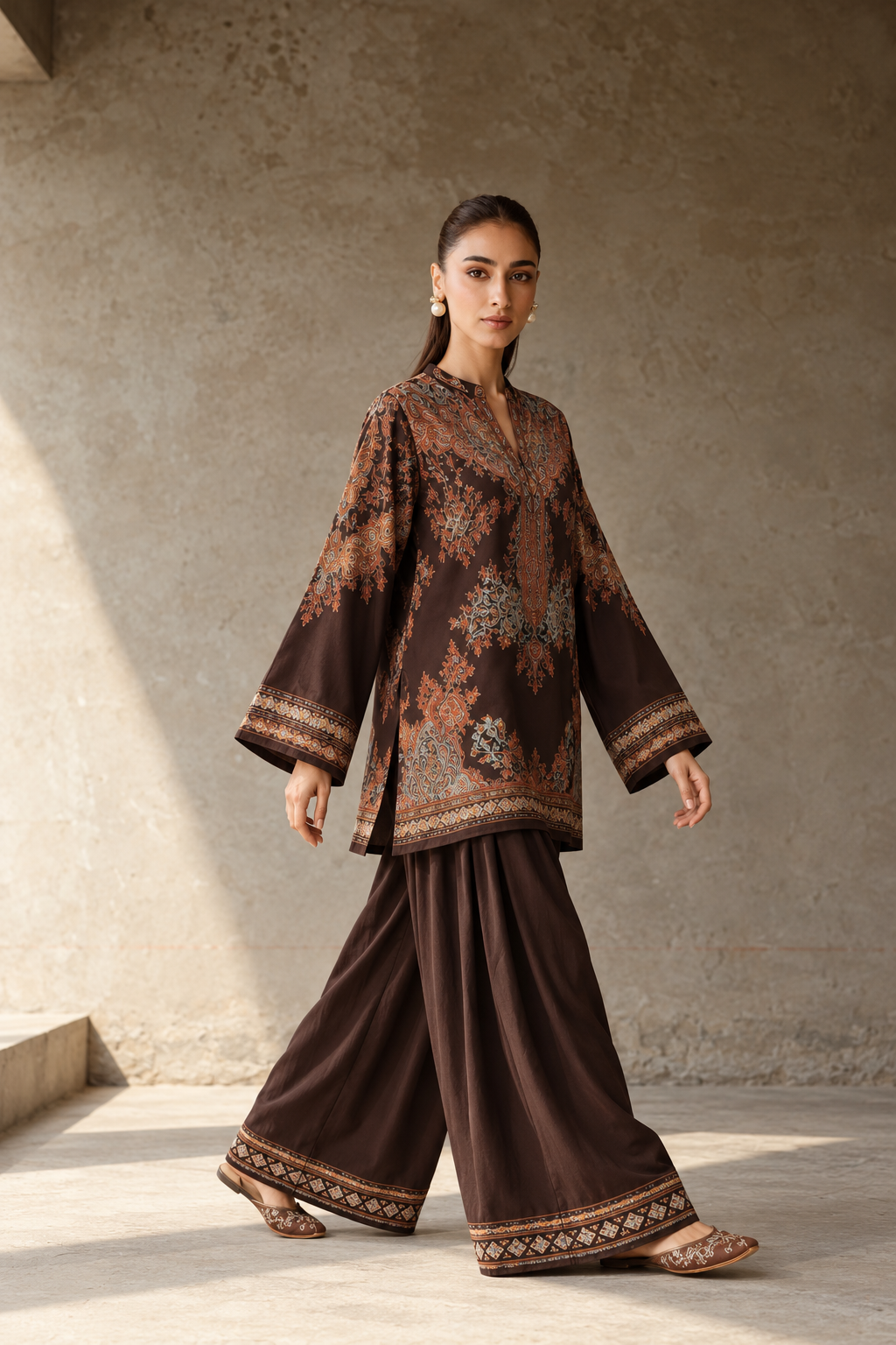 Brown Mandarin Neck Paisley Print Tunic & Farshi Salwar Co-Ord Set For Women