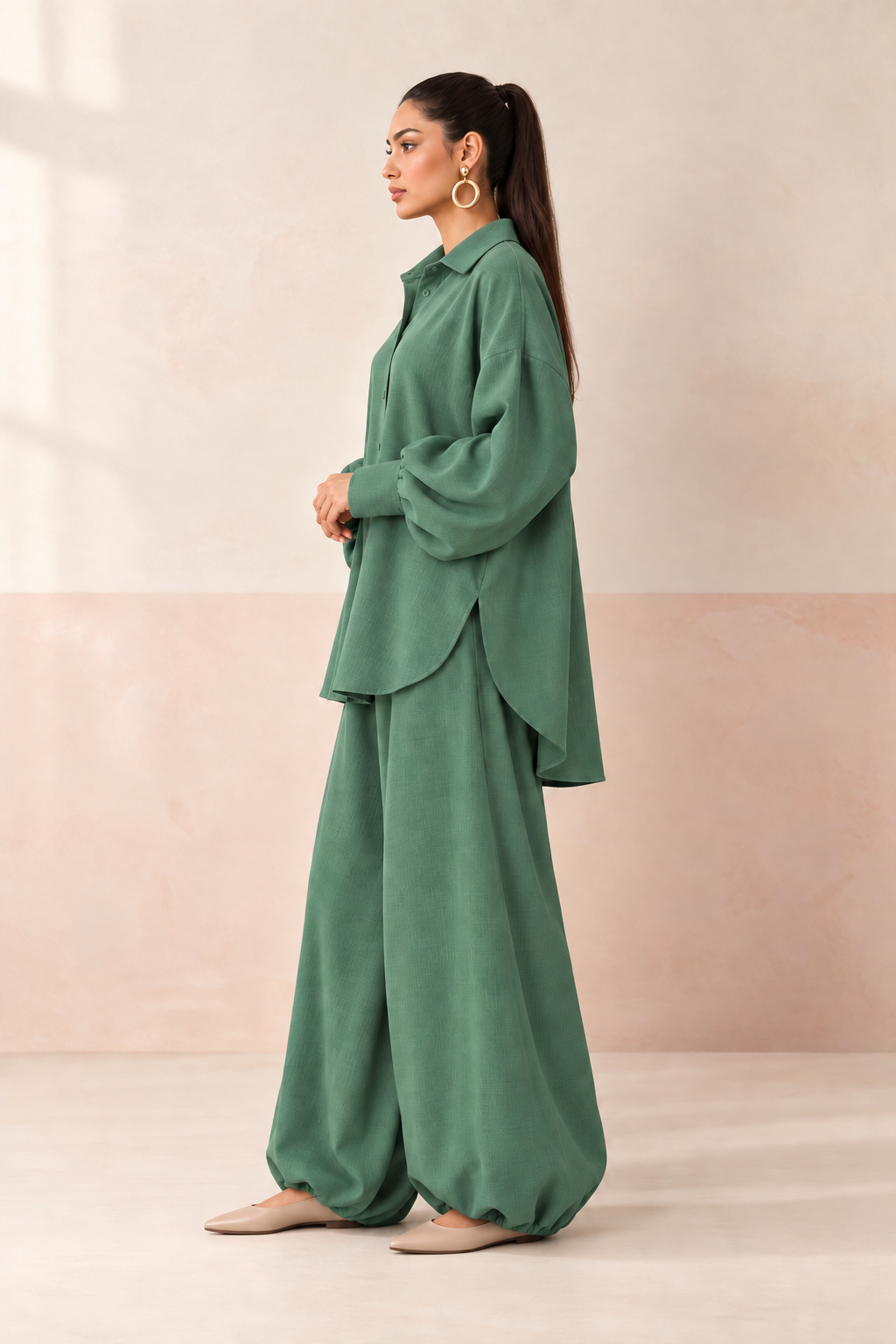 Green Shirt Collar Solid Long Sleeve Balloon Style Co-Ord Set For Women