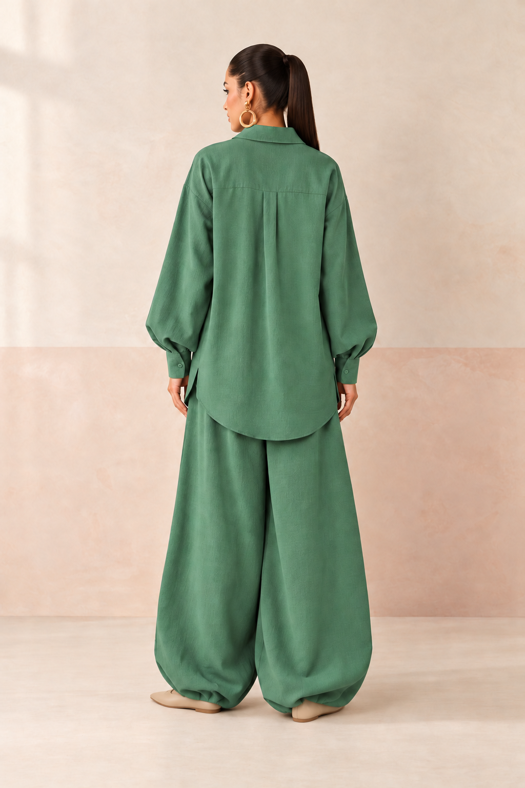 Green Shirt Collar Solid Long Sleeve Balloon Style Co-Ord Set For Women
