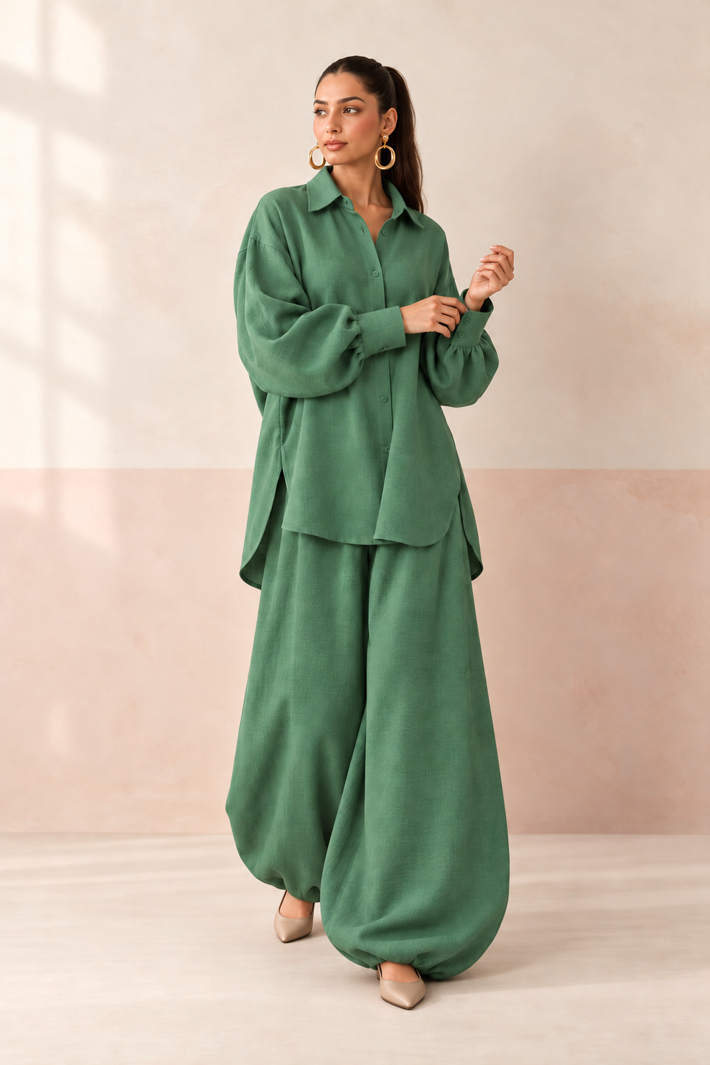 Green Shirt Collar Solid Long Sleeve Balloon Style Co-Ord Set For Women