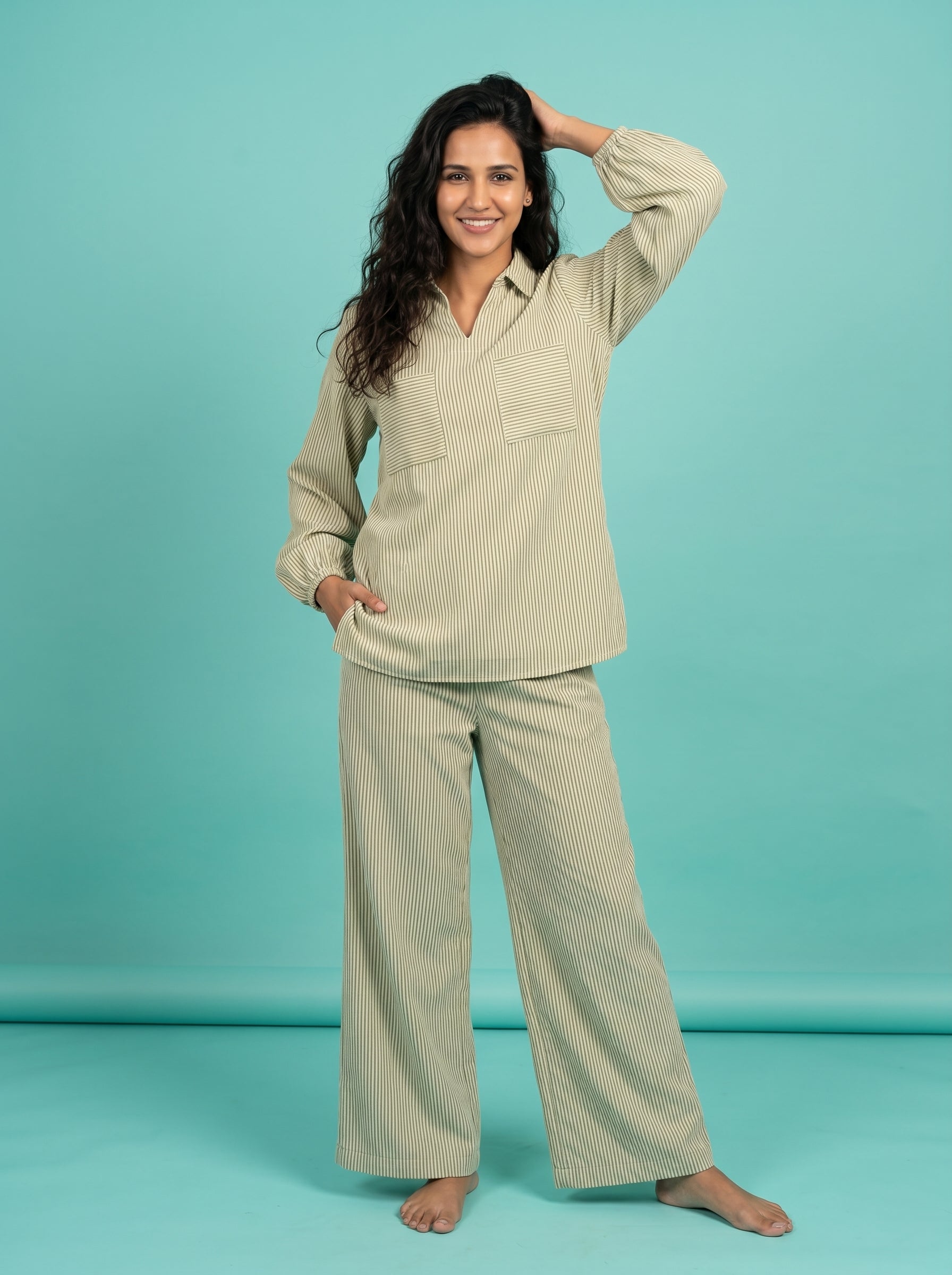 Green Shirt Collar Stripe Print Pure Cotton Night Suit For Women