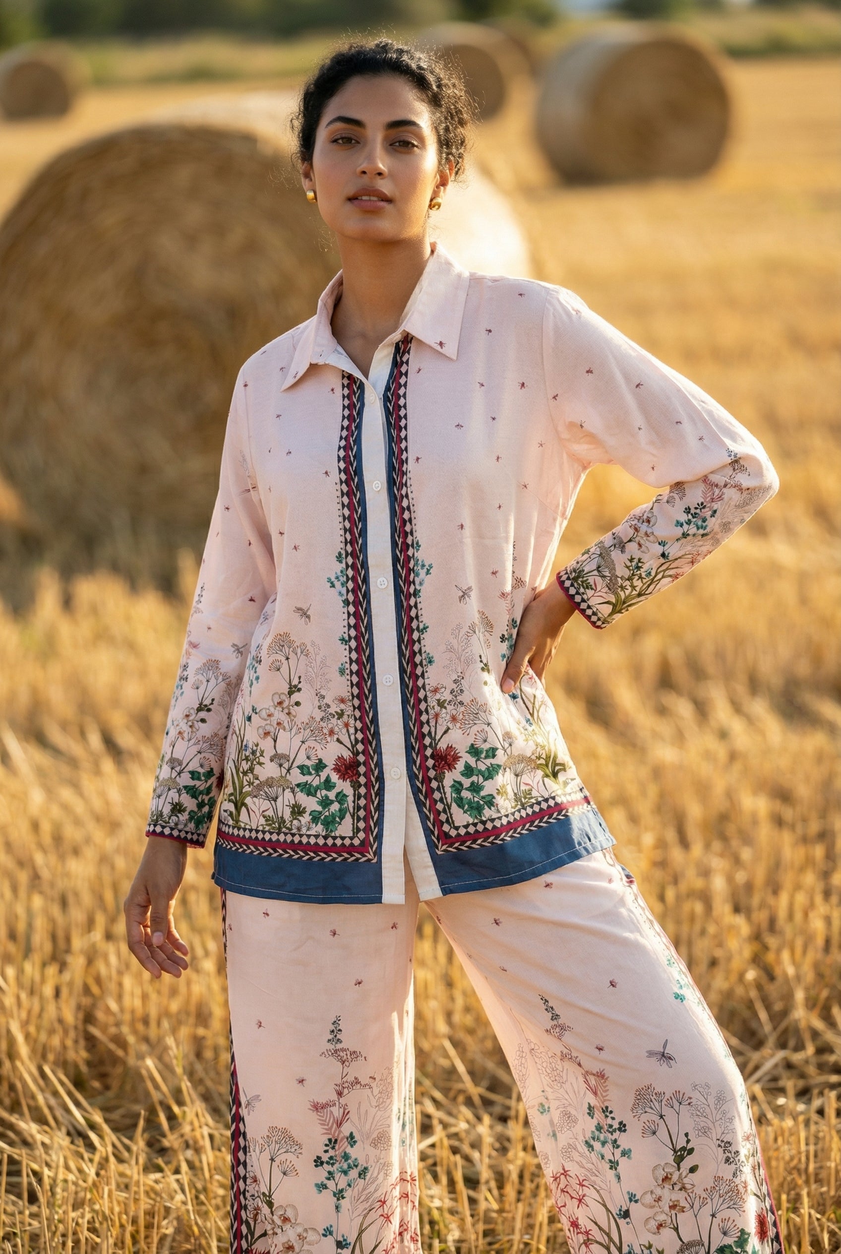 Cream Floral Printed Shirt Collar Co-Ord Set For Women