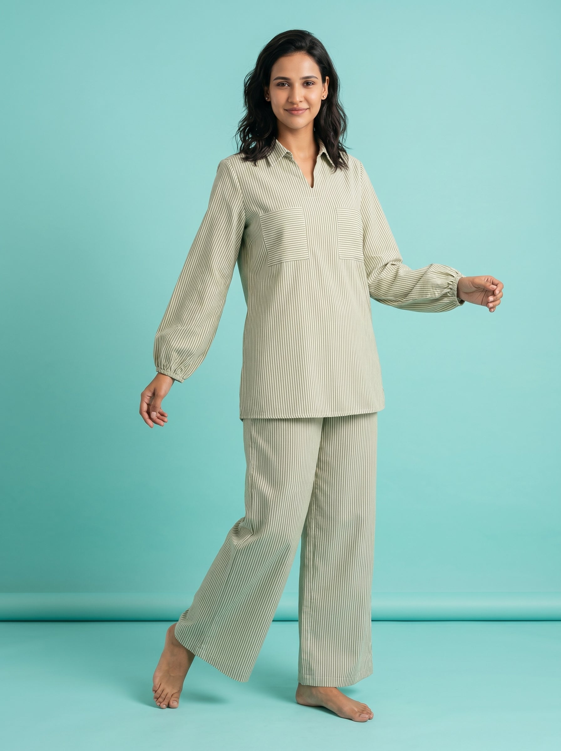 Green Shirt Collar Stripe Print Pure Cotton Night Suit For Women