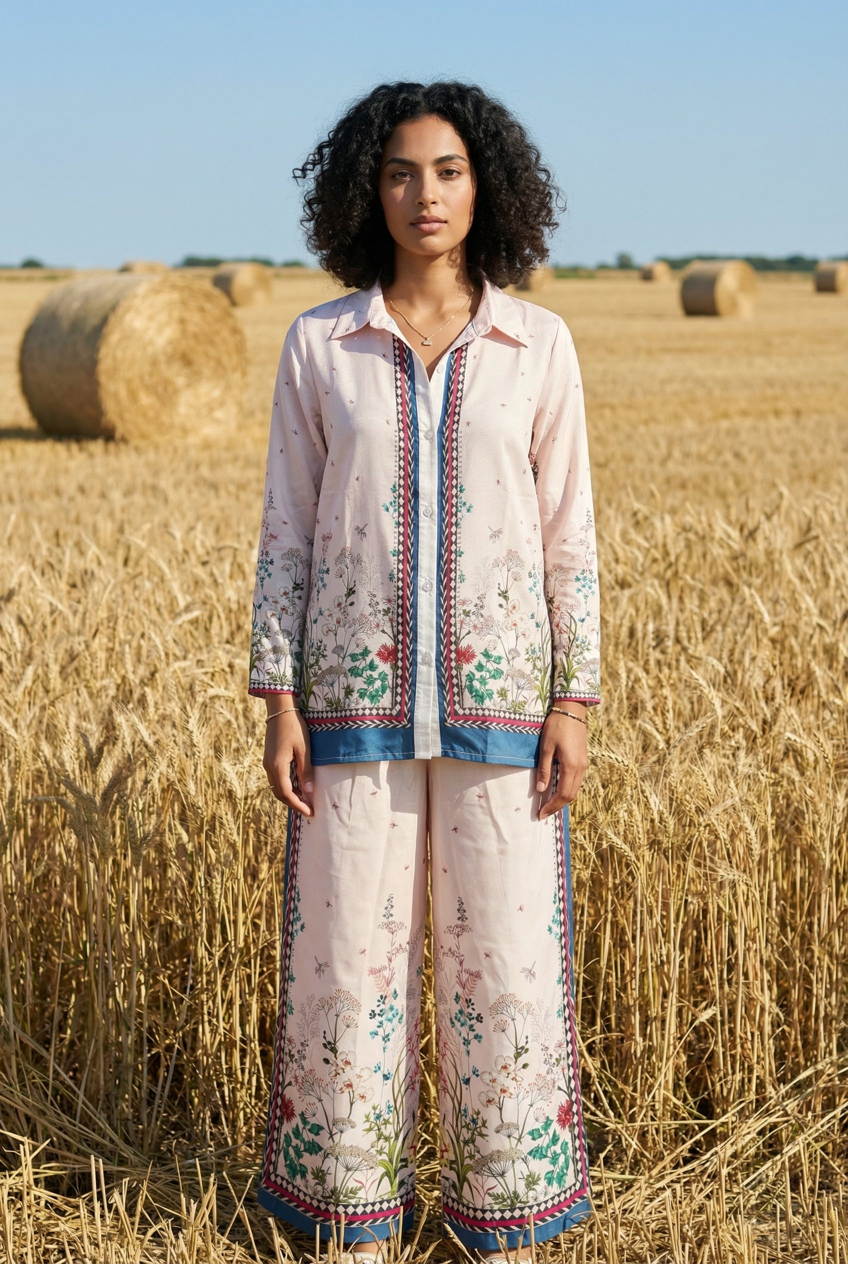 Cream Floral Printed Shirt Collar Co-Ord Set For Women