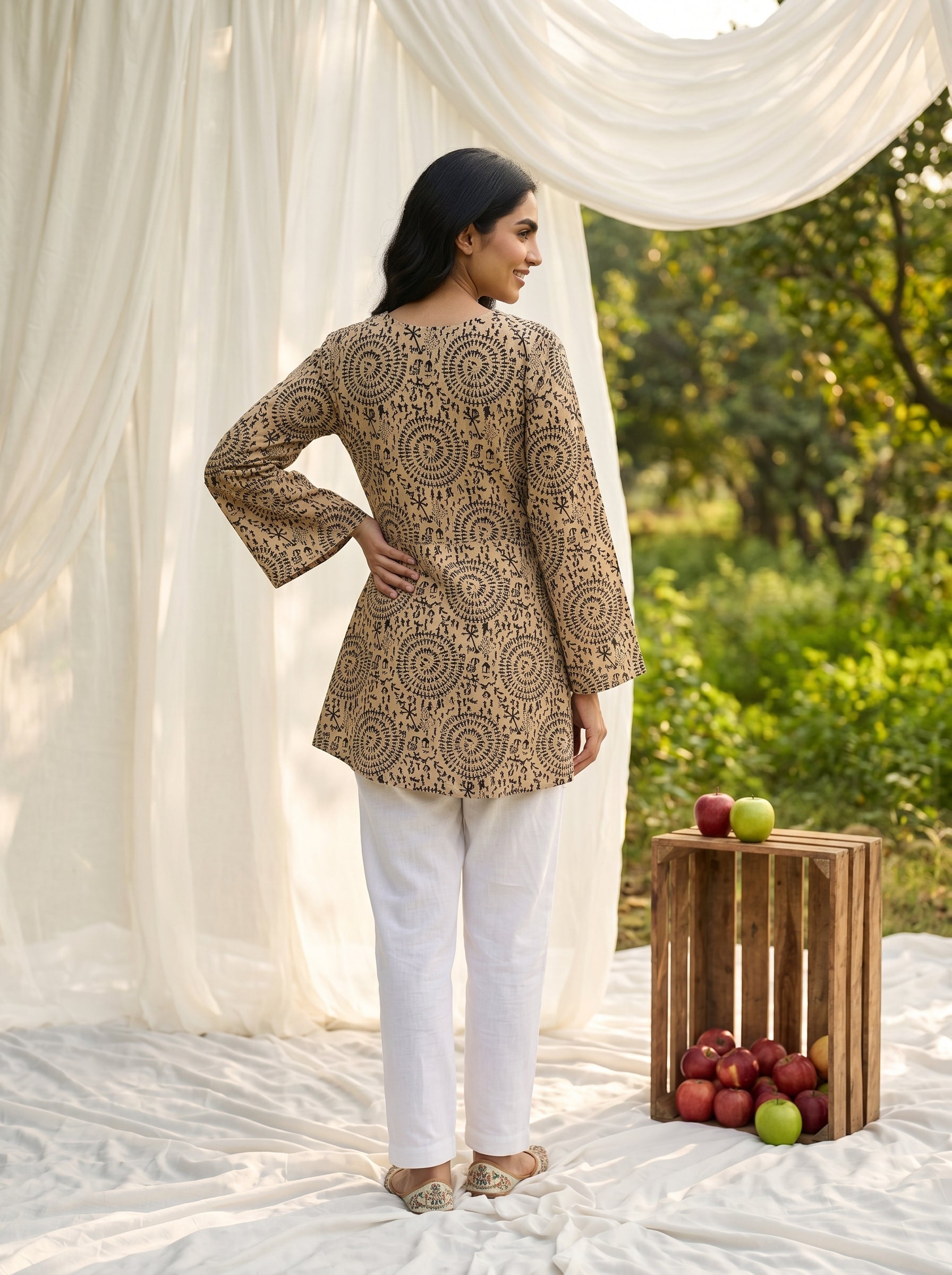 Beige Geometric Print V-Neck Cotton Top For Women