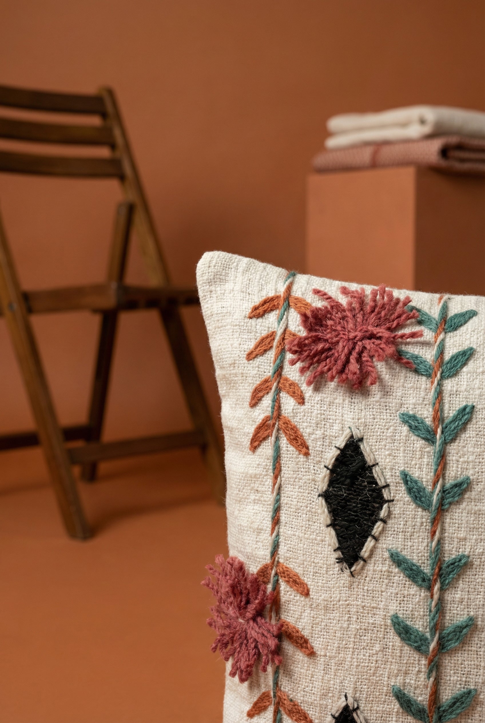 White Floral Squared Embroidered Cotton Cushion Cover