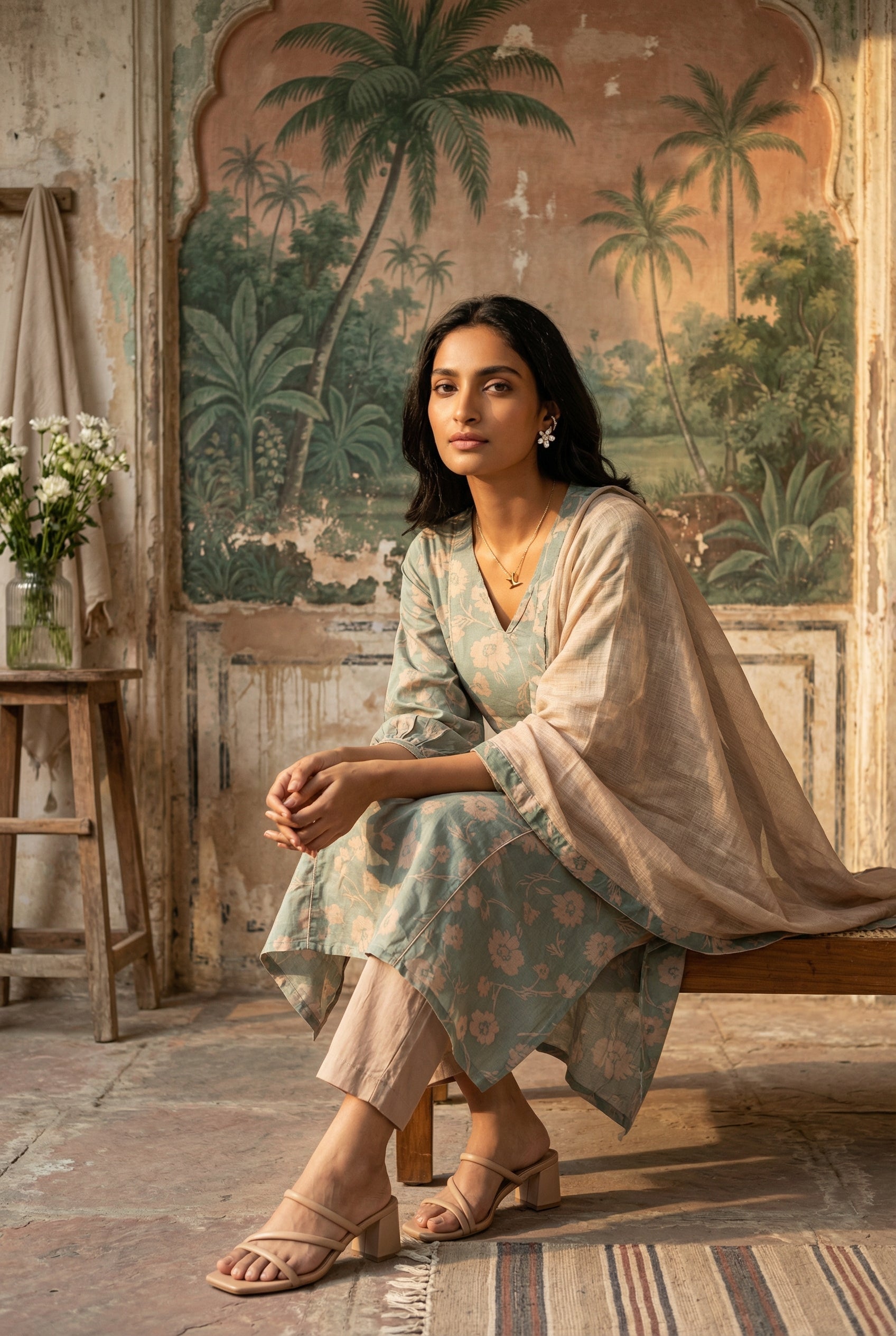 Blue Floral Print V-Neck Straight Kurta Set For Women