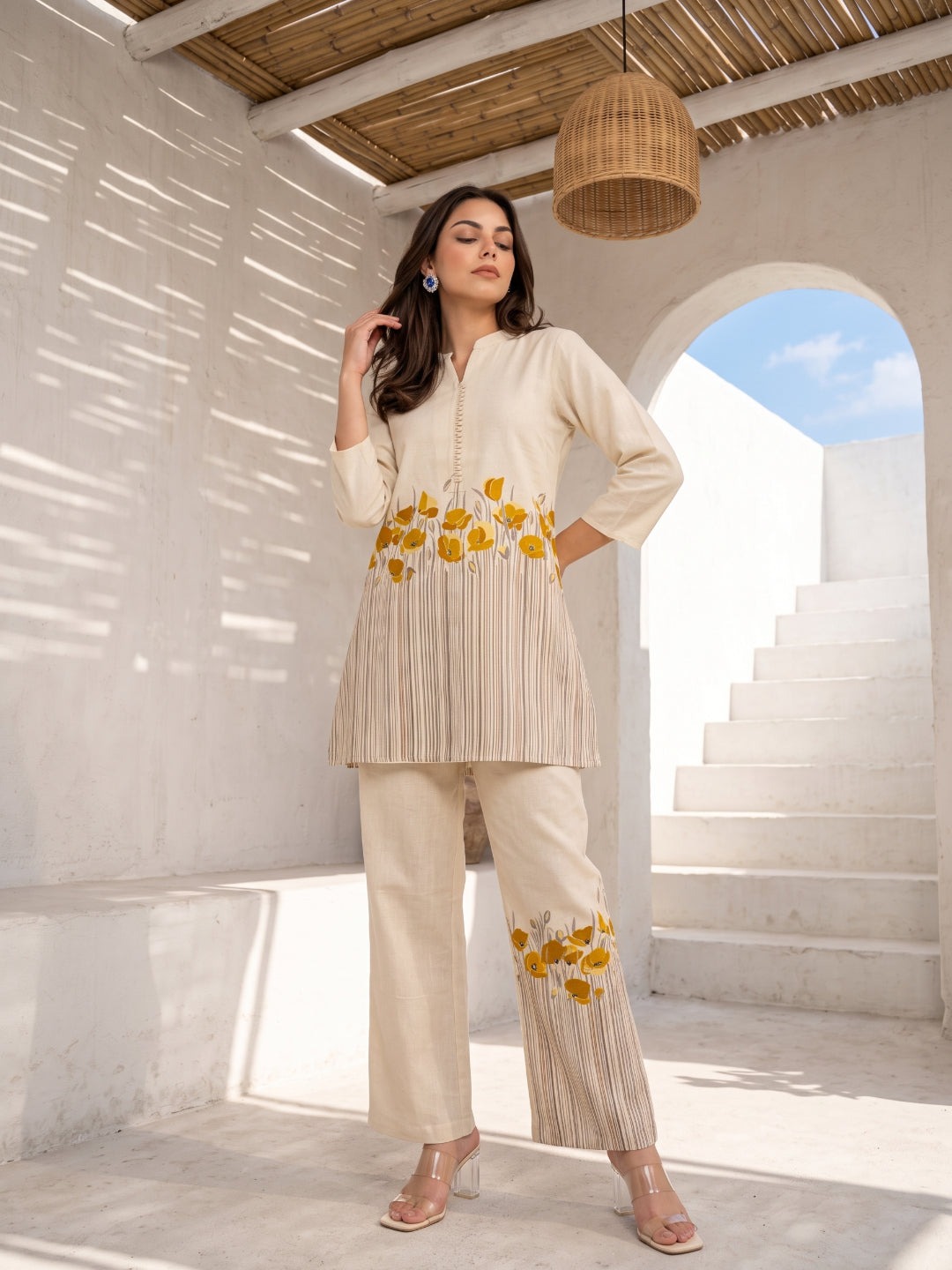 Beige Mandarin Neck Stripes Print Pure Cotton Co-Ord Set For Women