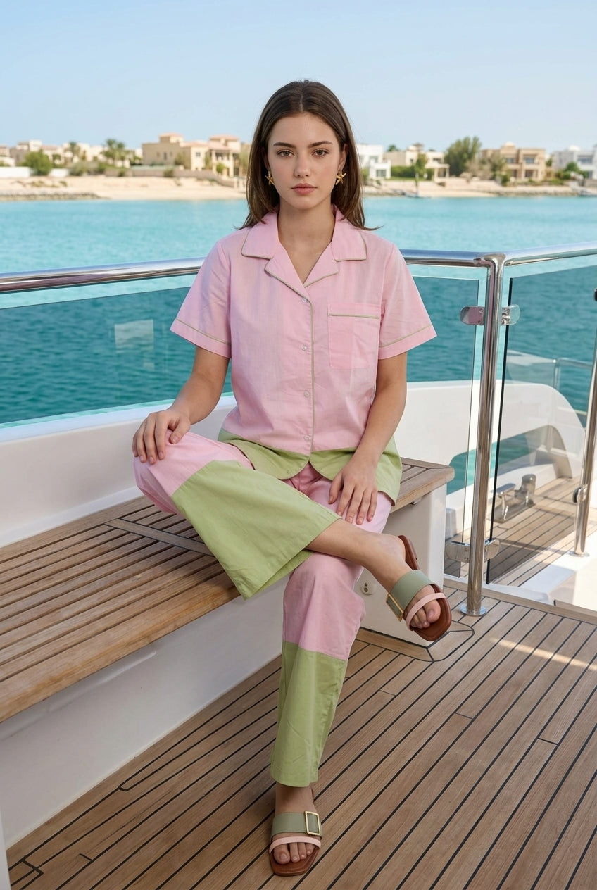 Pink & Green Color-Blocked Lapel Collar Night Suit Set For Women