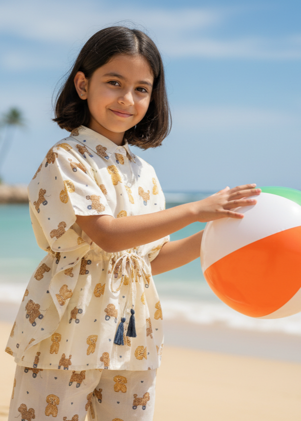 Beige Teddy Print Cotton Night Suit Set for Kids