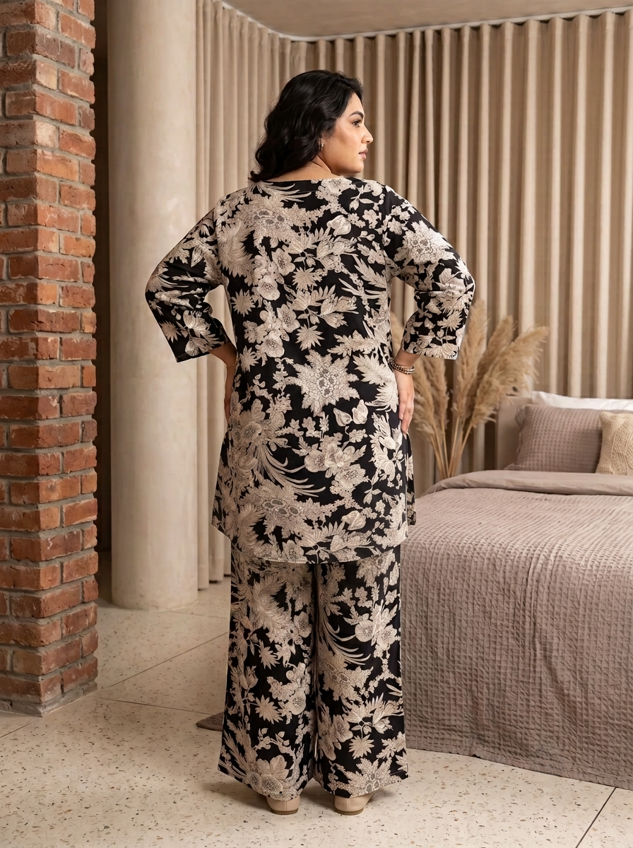 Black Floral Notch Neck Cotton Plus Size Night Suit For Women