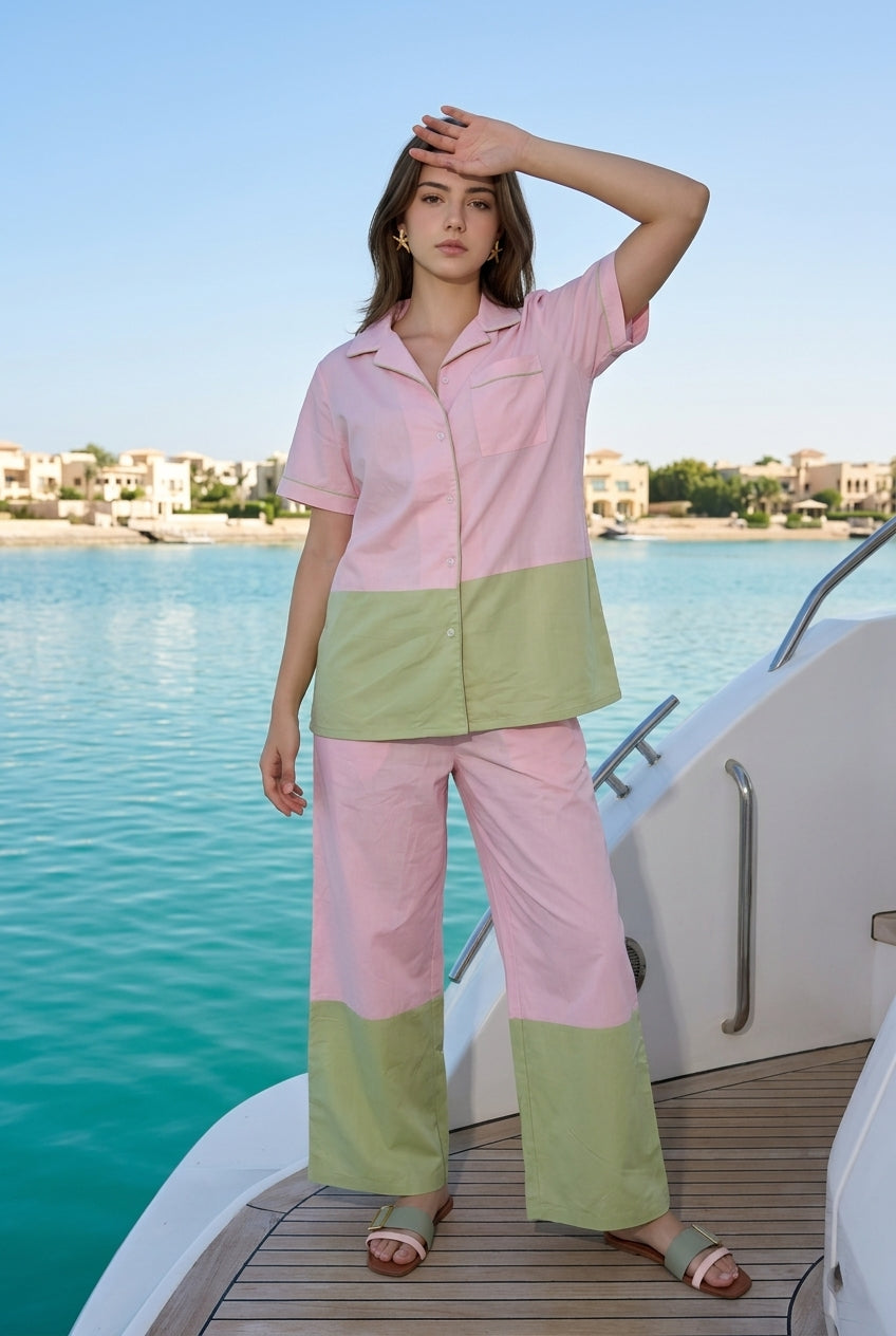 Pink & Green Color-Blocked Lapel Collar Night Suit Set For Women