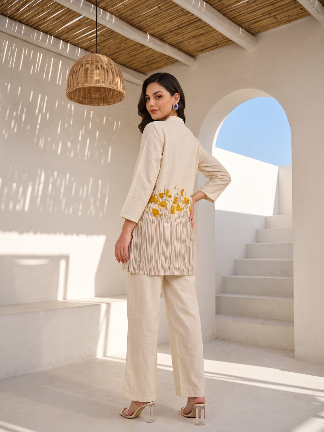 Beige Mandarin Neck Stripes Print Pure Cotton Co-Ord Set For Women