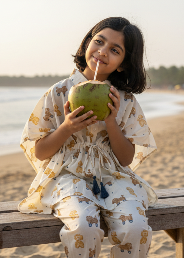 Beige Teddy Print Cotton Night Suit Set for Kids