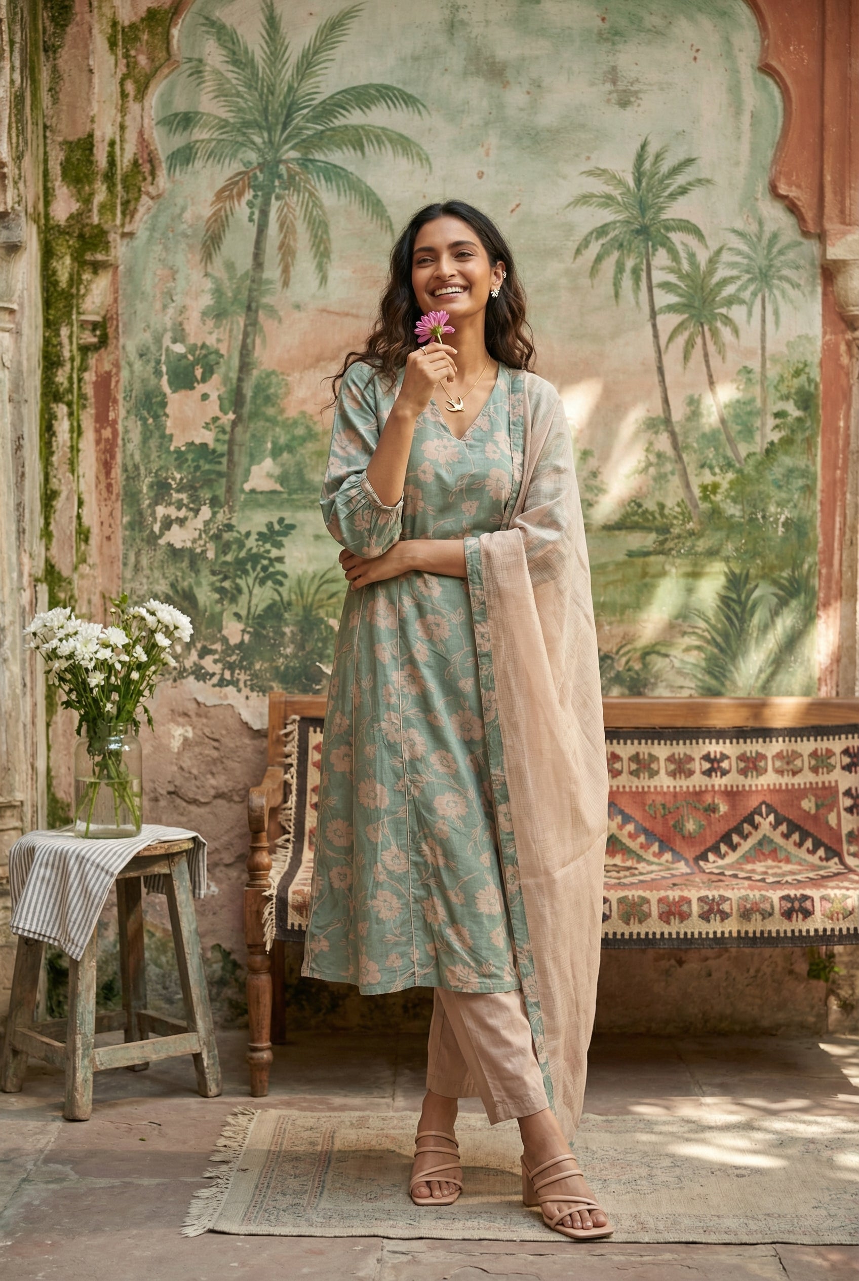 Blue Floral Print V-Neck Straight Kurta Set For Women
