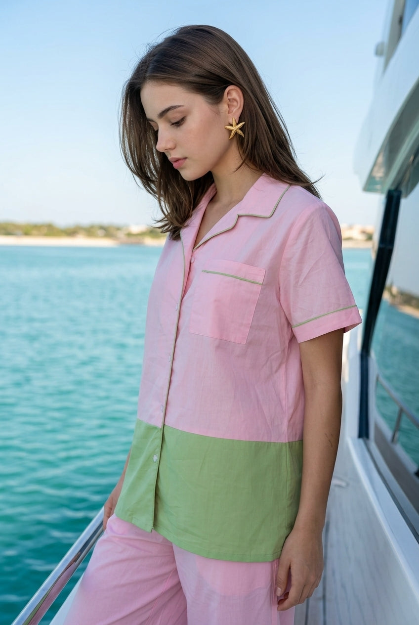 Pink & Green Color-Blocked Lapel Collar Night Suit Set For Women