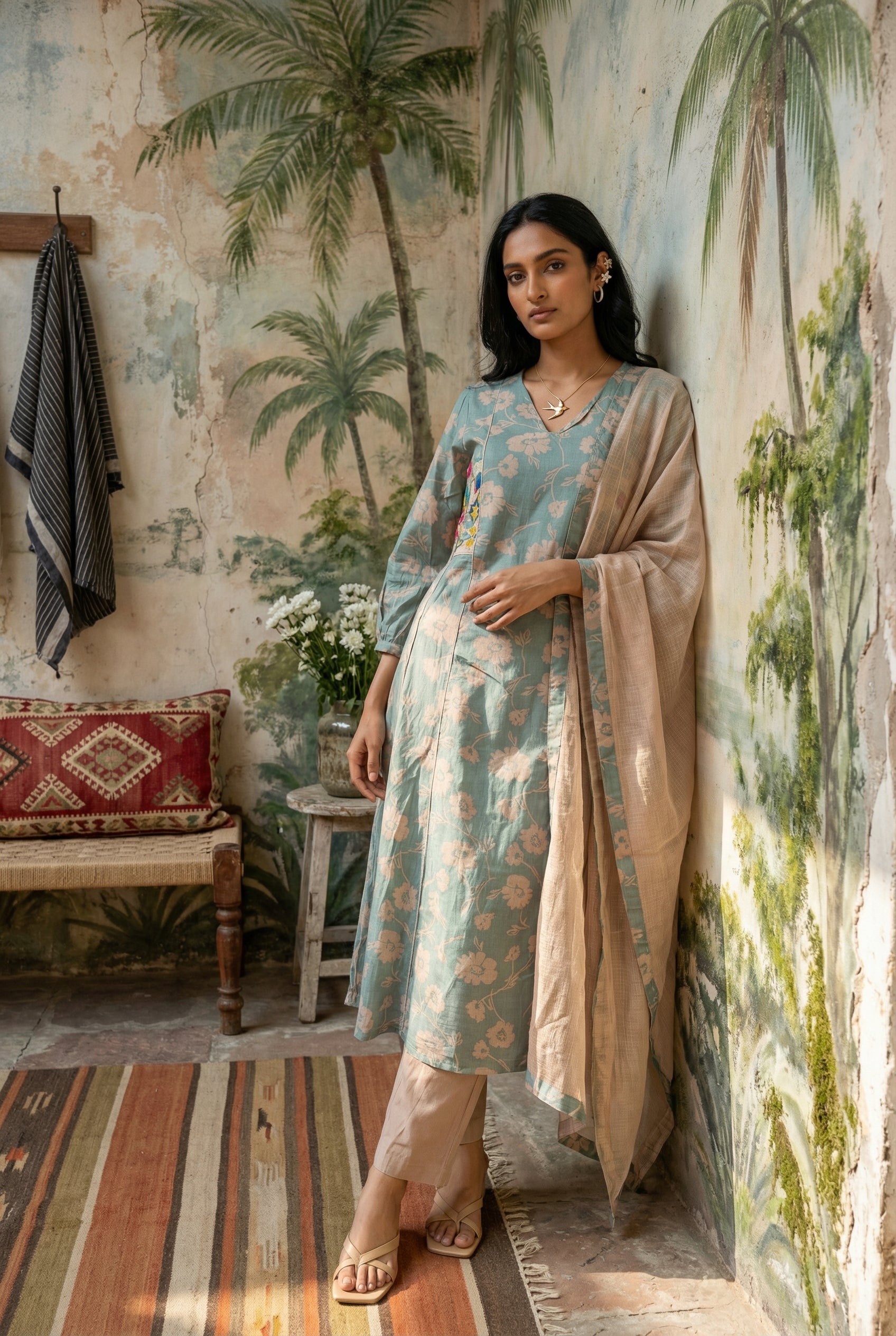Blue Floral Print V-Neck Straight Kurta Set For Women